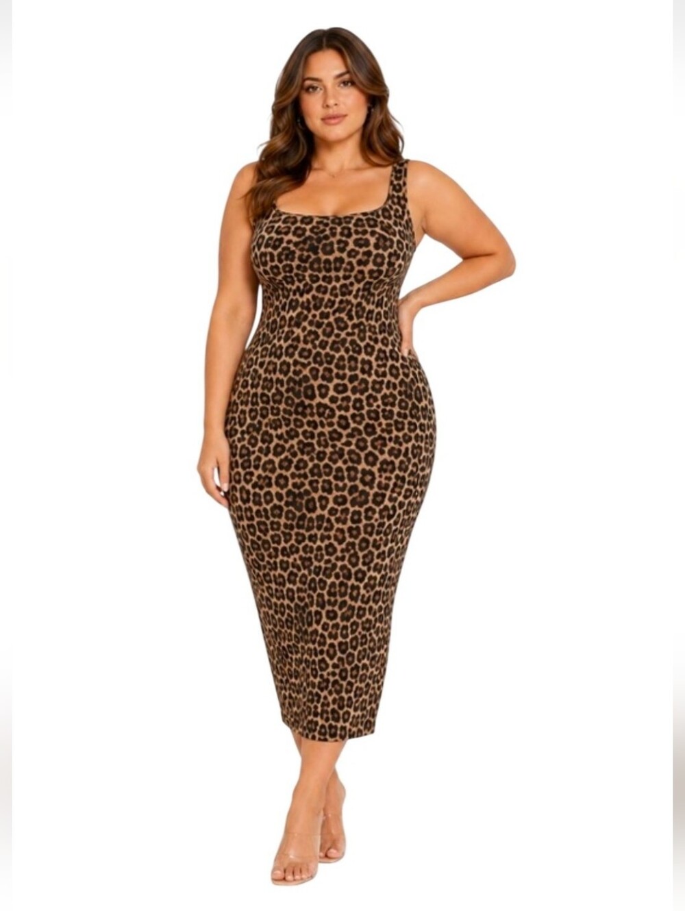 Naked Wardrobe Midi Sculpt Dress Leopard Shapewear New Fall Plus Size 2X
